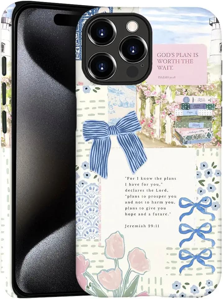 Case for iPhone 15 Pro Max - Slim Fit Anti-Scratch Phone Case for Girl Women - Christian Blue Bow God Religious (Frosted)