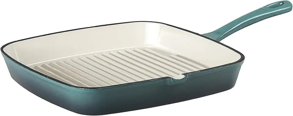 Prochef Grillpfanne aus emailliertem Gusseisen, 23 cm, robuste Grillpfanne mit Ausgießern, alle Herd- und ofenfest, langlebig und leicht zu reinigen, ideal zum Grillen von Fleisch und Gemüse, Blaugrün
