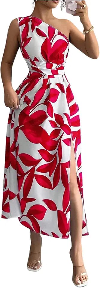 OYOANGLE Women's One Shoulder Slit Thigh Belted Dress Flared Long Dresses