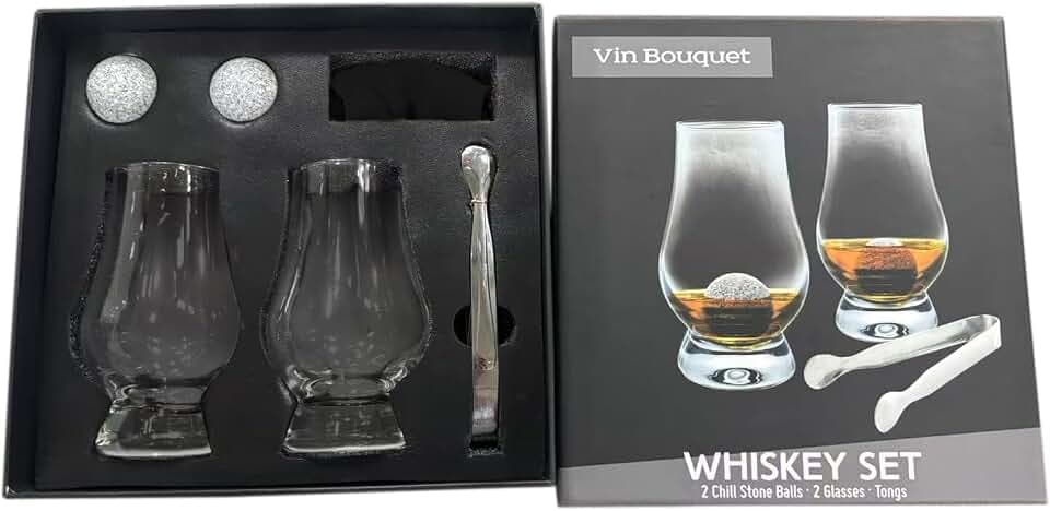VB VIN BOUQUET FI 1553 SET Klassisches Whisky-Set mit 2 Gläsern 300 ml, Granit-Kühlsteinen und Edelstahlzange, Geschenkbox