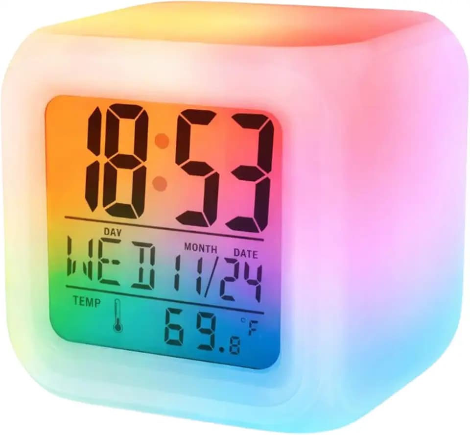 Beleuchteter Chameleon LCD-Wecker – Mehrfarbige Digitaluhr mit Thermometer – 12/24-Stunden-Display – 7 Farbwechsel