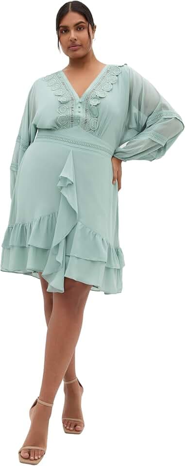 City Chic Women's Plus Size Dress - V Neck Frill Front Mini