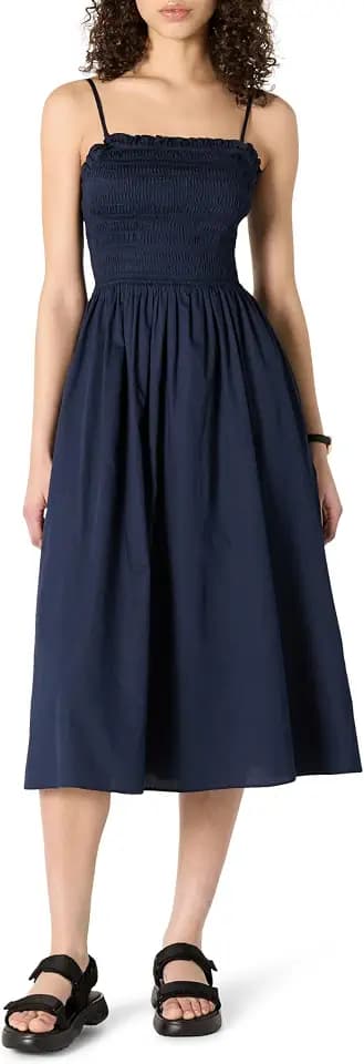 Amazon Essentials Women's Regular-Fit Cotton Sateen Smocked Bodice Midi Dress with Removable Straps, A-line Ruffle