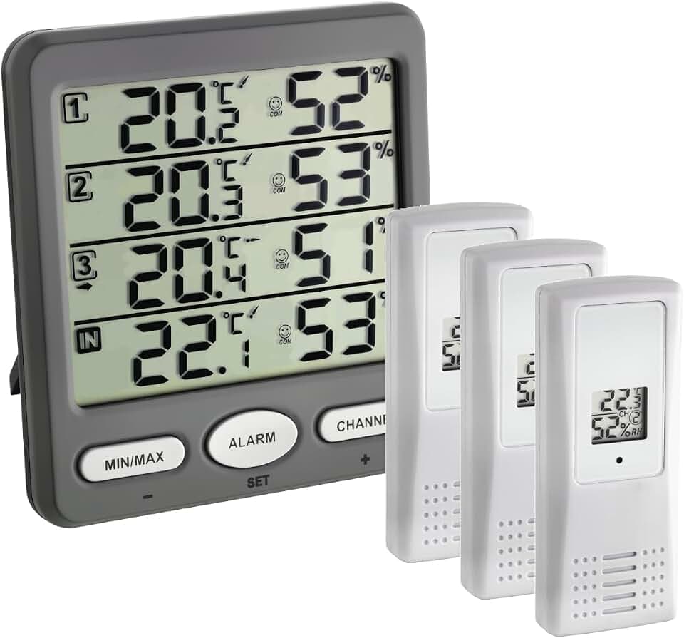 TFA Dostmann Klima-Monitor Funk-Thermo-Hygrometer mit 3 Sendern, 30.3054.10, ideal zur Klimaüberwachung, Luftfeuchtigkeitsmesser, Garten oder Wohnmobil, Alarmeinstellung, Max-Min. Funktion, grau