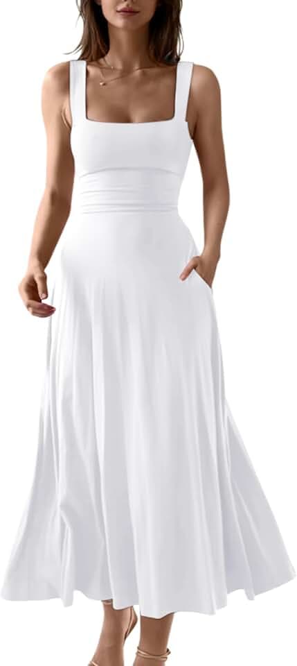 OYS Women's Casual Sleeveless Square Neck A-Line Flowy Long Dress