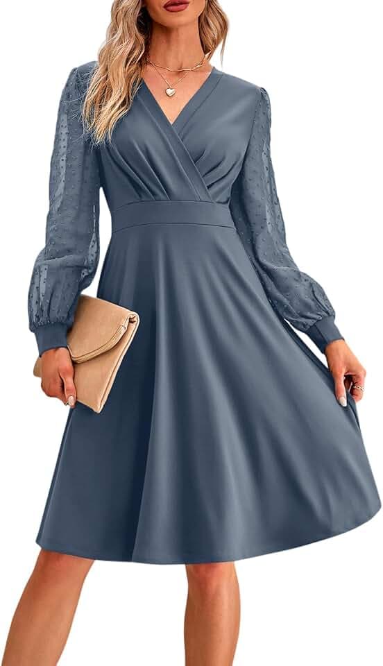 MAYFASEY Langärmeliges Damenkleid, V-Ausschnitt, A-Linie, hohe Taille, Midi-Kleid, lässig, locker, schwingend, knielanges Kleid, L