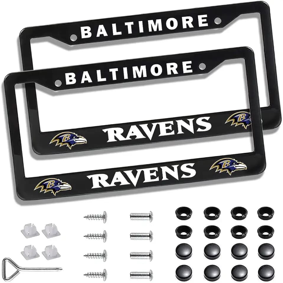 2 Piece License Plate Frames for Ravens Sport Fans, Rustproof Aluminum Alloy US Standard License Plate Holder with Screw Caps Cover (Black)