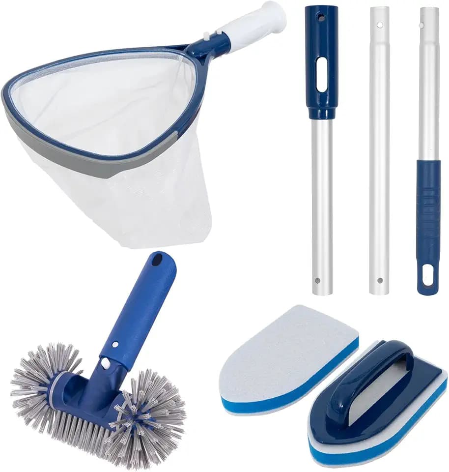 POOLAZA Pool Reinigungsset 4-teilig – Kescher, Bürste, Pad & 91,5cm Aluminiumstange