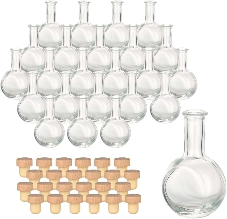 gouveo 24er Set Glasflasche 50 ml (0,05 l) Glasflasche 50 ml Liquor mit Korkverschluss Holzgriffkorken, Mini-Flaschen aus Klarglas zum Abfüllen von Likör, Spirituosen, Öl & Essig, Deko (LF050HGK)