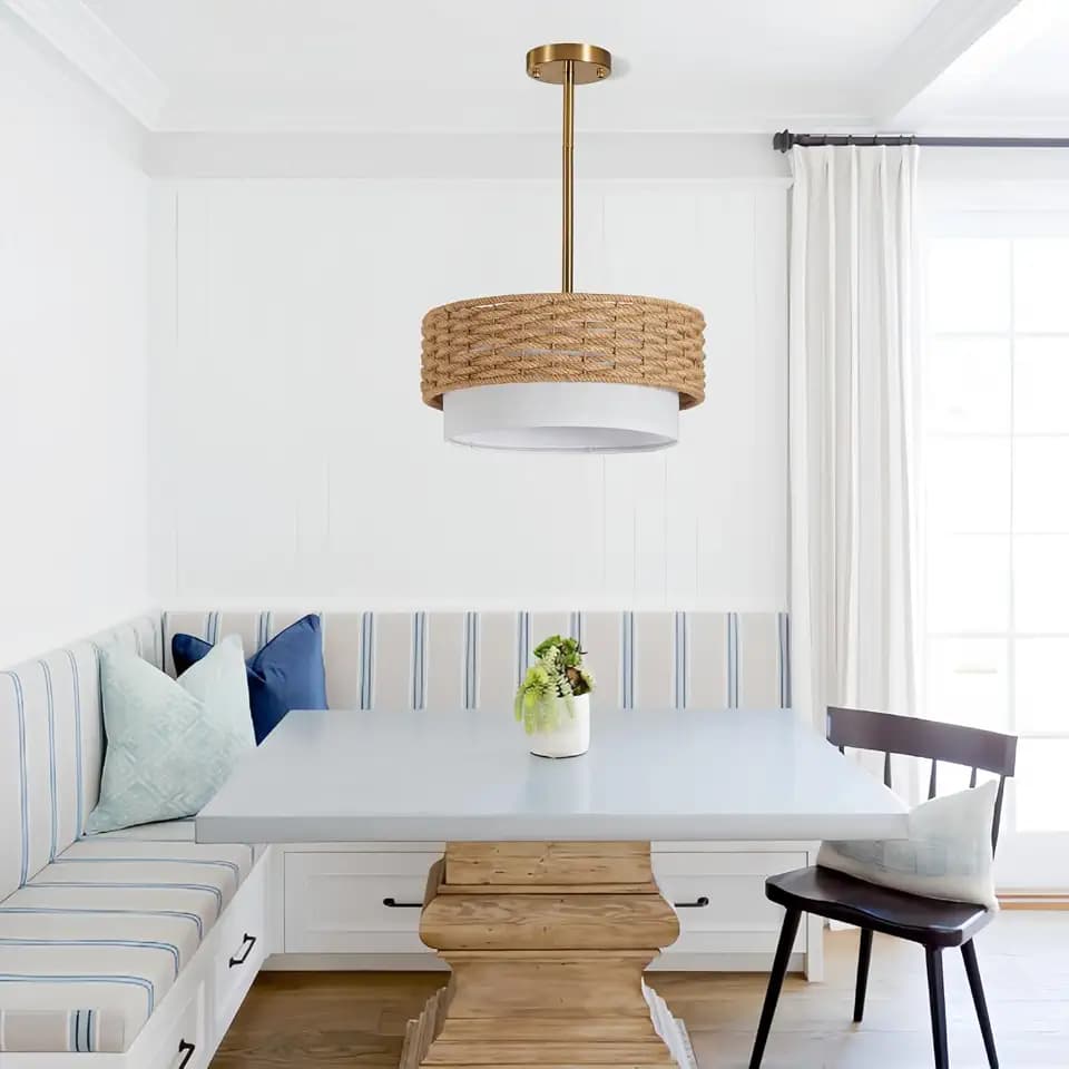 3-Tier Large Rattan Chandeliers, 22.8in Boho Coastal Pendant Lights, Woven Hemp Rope Hanging Ceiling Lights, Wicker Lighting Fixture for Kitchen Island, Dining Room (Brown and White, 15in)