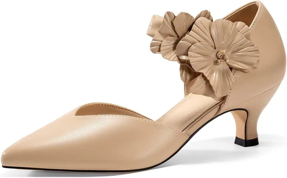 Coutgo Womens Low Kitten Heels Dressy Shoes Comfortable Closed Toe Flower Slip on Formal Party Dance Heeled Pumps