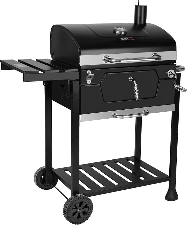 Royal Gourmet Holzkohlegrill, Holzkohlegrill, 100 x 64,5 x 104,5 cm, Grillwagen mit Deckel, Thermometer und Griff aus Edelstahl für Camping, Garten