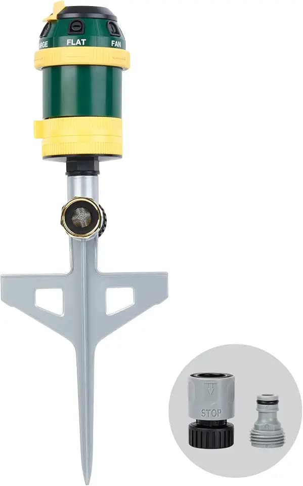 Melnor 65161AMZ Turbo Drive Rotary Sprinkler, Waters Up to 70 Ft. Diameter, 6 Spray Patterns, Adjustable 30° to 360° Coverage, Metal Spike Base, Quick Connect Bundle, Green, Yellow