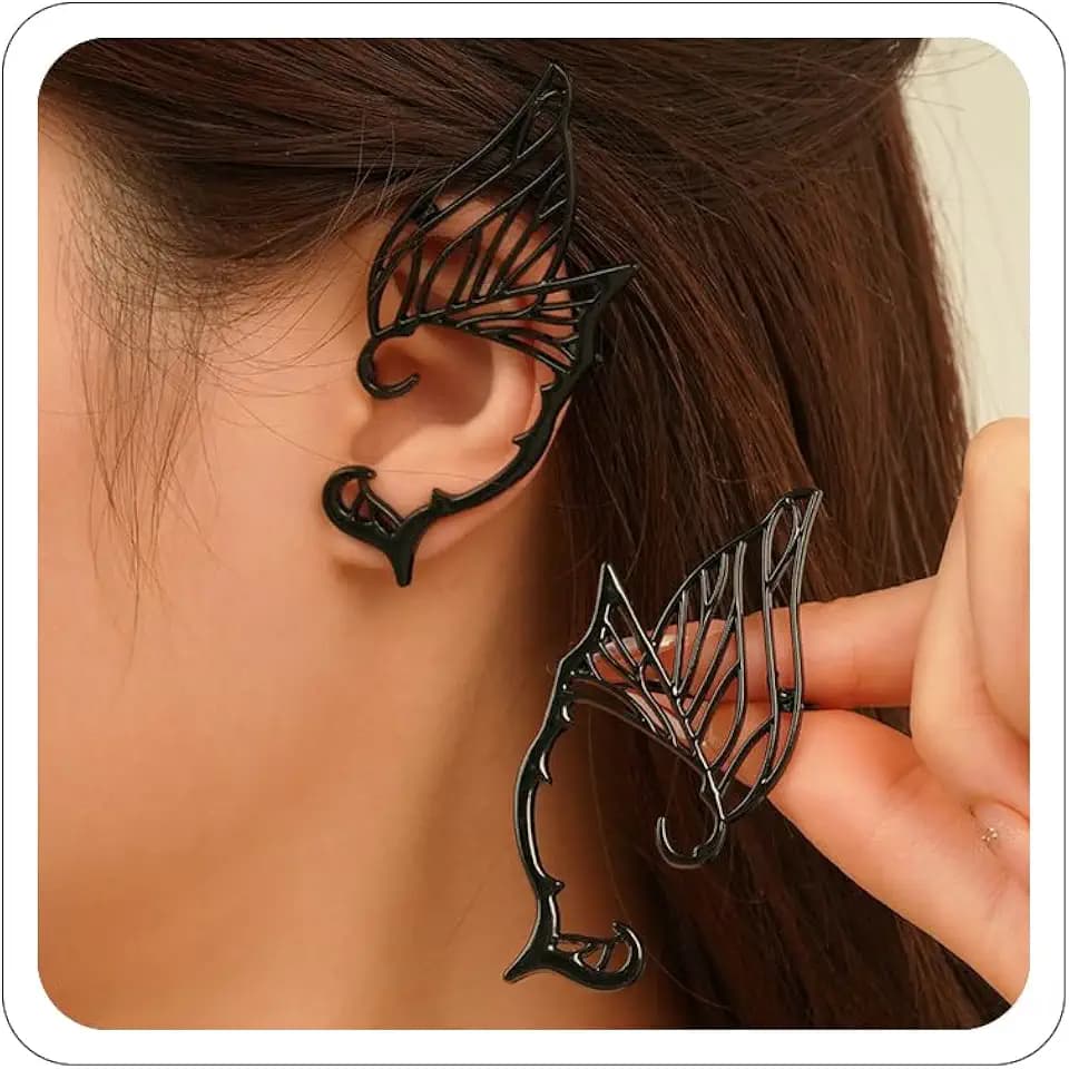 Elf Ear Cuffs for Women Fairy Ears Goth Punk Ear Cuffs Halloween Accessorie Gothic Punk Jewelry Wrap Droping Earrings (A-Black)