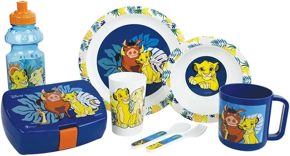 Le King Lion Geschirrset für Kinder mit Glas 220 ml, tiefer Teller Ø 16 cm, Teller Ø 22 cm, Becher 350 ml, Trinkflasche 350 ml, Snackbox und 2 Deckeln Höhe 13,5 cm – wiederverwendbar