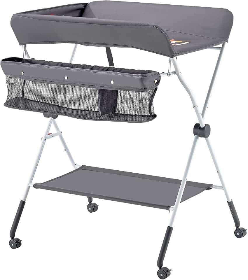 VEVOR Baby Changing Table, Foldable Diaper Change Station with Side Basket, Adjustable Height Changing Table with Lockable Wheels, Multi-Functional Nursery Storage Organizer, Dark Gray