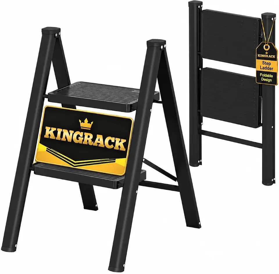 KINGRACK 2 Step Folding Ladder, Lightweight Portable Home Ladder with Non-Slip Wide Pedals and Safety Lock, Sturdy Step Ladder for Adults Painting, Home, Kitchen, Garage, Black