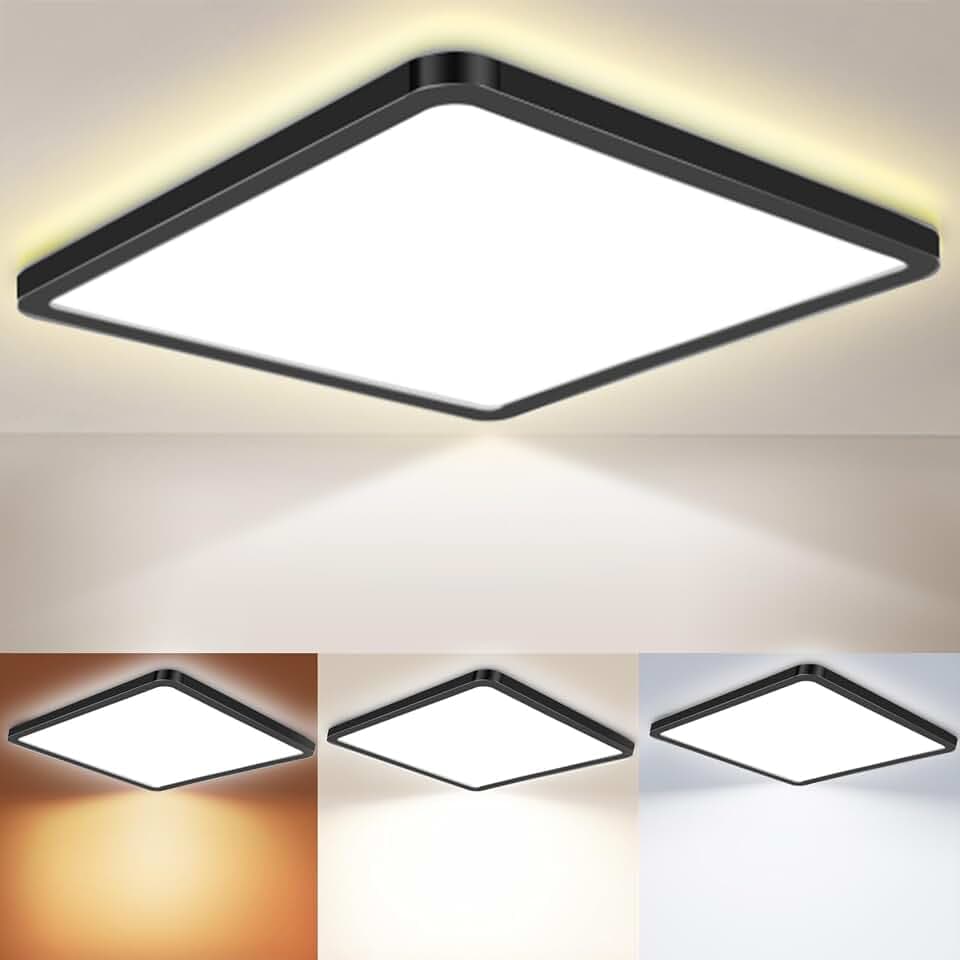 LED Deckenleuchte 24W 6000K/4000K/3000K, 3200LM IP54 Ultra Dünn Deckenlampe, Flach Quadrat Modern Badezimmer Lampe Küchenlampe für Flur Schlafzimmer Balkon Wohnzimmer Ø30CM, Schwarz 1Stücke