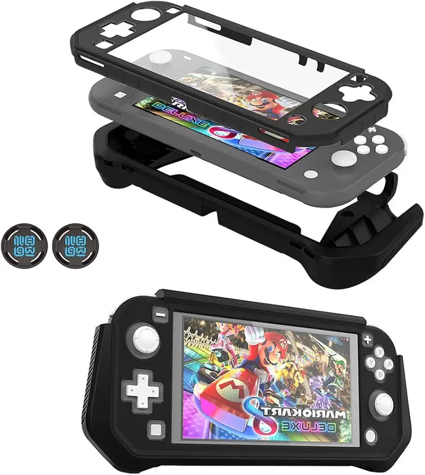 Protective Case for Nintendo Switch Lite, Switch Lite Case with Detachable Screen Protector Cover + Hand Grip Case Compatible with Nintendo Switch Lite 2019, Black