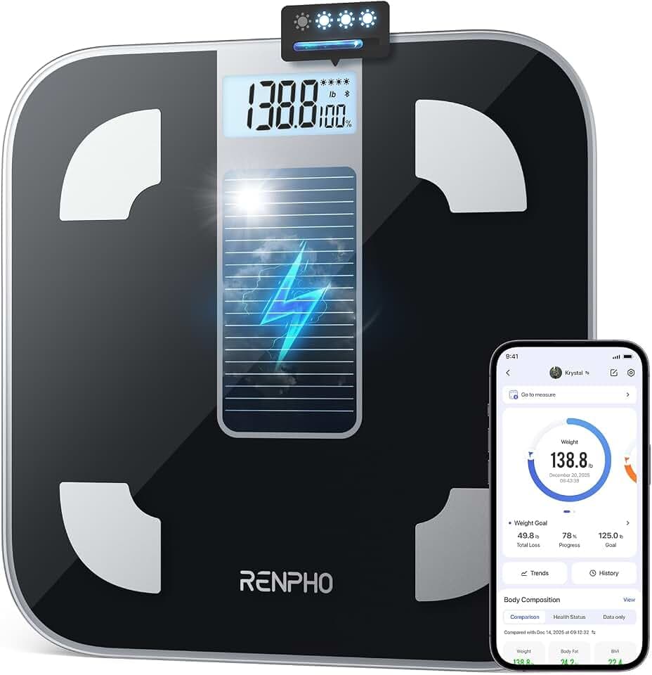 RENPHO Personenwaage Digital, Solar Waage ohne Batterie, 180 kg | Waage Personen mit 50g Genauigkeit, Körperfettwaage mit Smart App, unbegrenzte Solarenergie Waage,Elis Solar 1