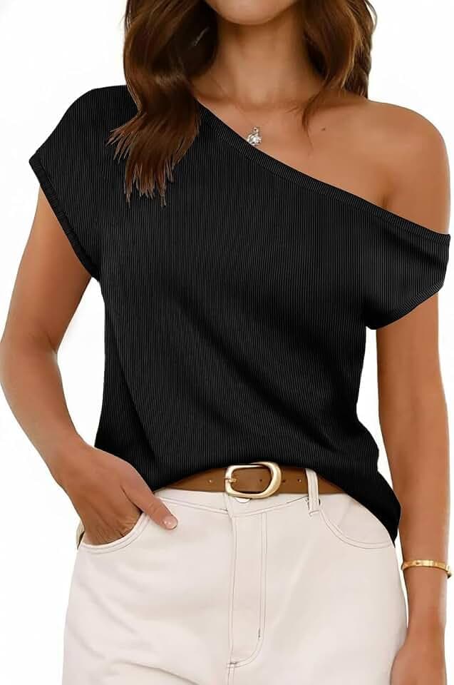 Schulterfreies Damen-Top, Sommer, kurzärmelig, lässig, locker, Strickpullover, leichtes T-Shirt