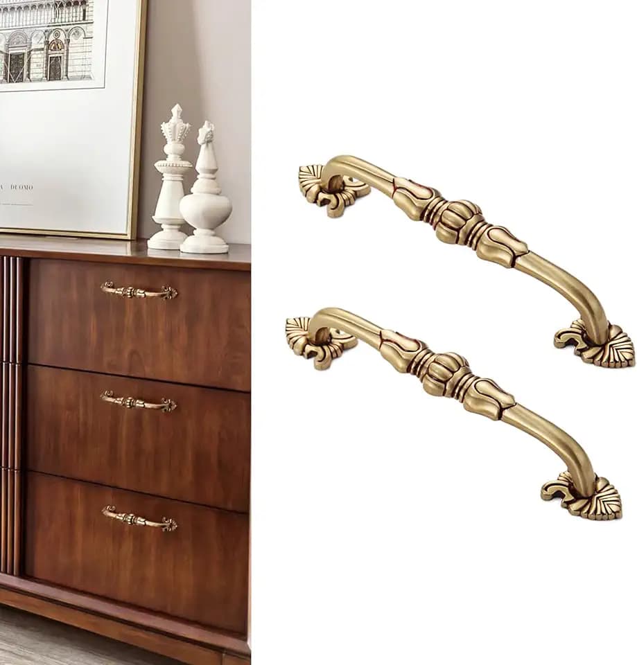 2 Pack Antique Brass Cabinet Handles 5 inch French Provincial Drawer Pulls Vintage Cabinet Hardware Floral Drawer Pull Solid Brass Antique Gold Handles for Dresser- Gold with Red