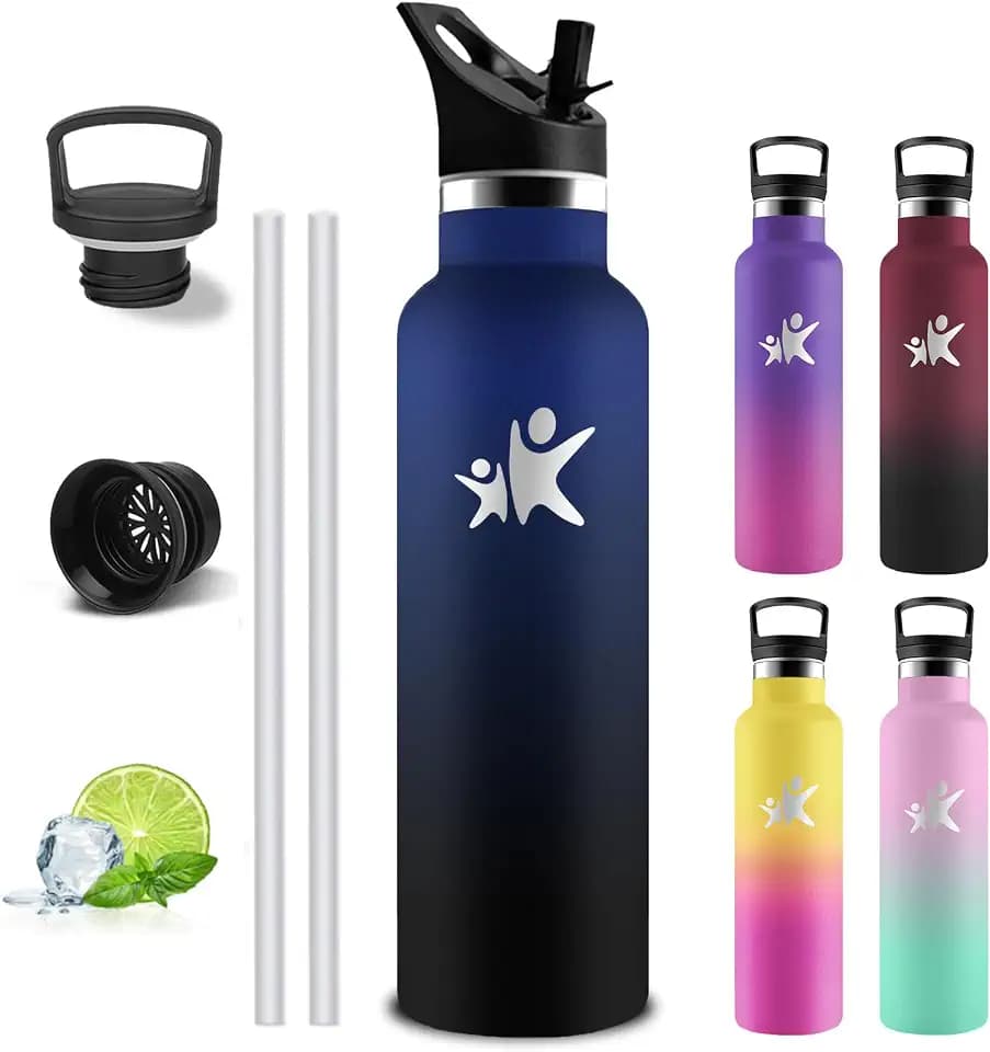 Edelstahl Trinkflasche, Sport Trinkflasche 1 liter, Thermosflasche Mit 2 Deckeln, Doppelwandige Vakuumisolierte, Sporttrinkflaschen 1l Auslaufsicher, Wasserflasche für Reisen, Wandern, Fitness