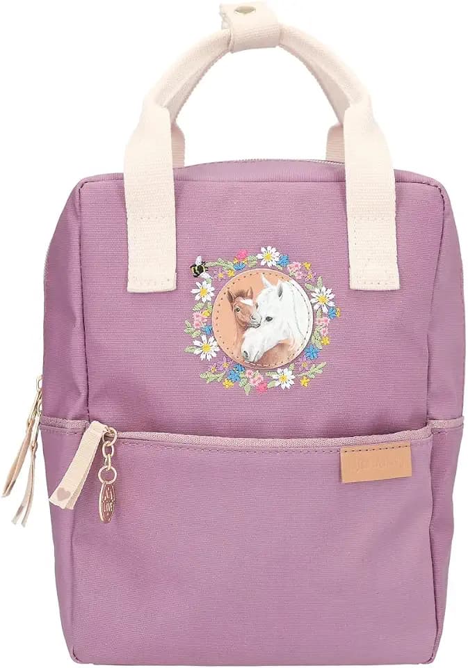 Depesche 12165 Miss Melody Farm House – Rucksack für Kinder in Violett, mit Pferdemotiv und Blumenstickerei, Tasche mit verstellbaren Trägern und Anhänger, mehrfarbig, Country