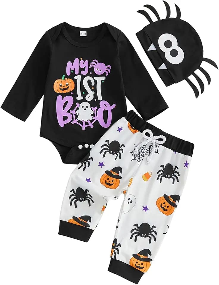 Bagilaanoe Newborn Baby Boy First Halloween Outfit Ghost Pumpkin Printed Long Sleeve Romper and Pants Hat 3PCS Set