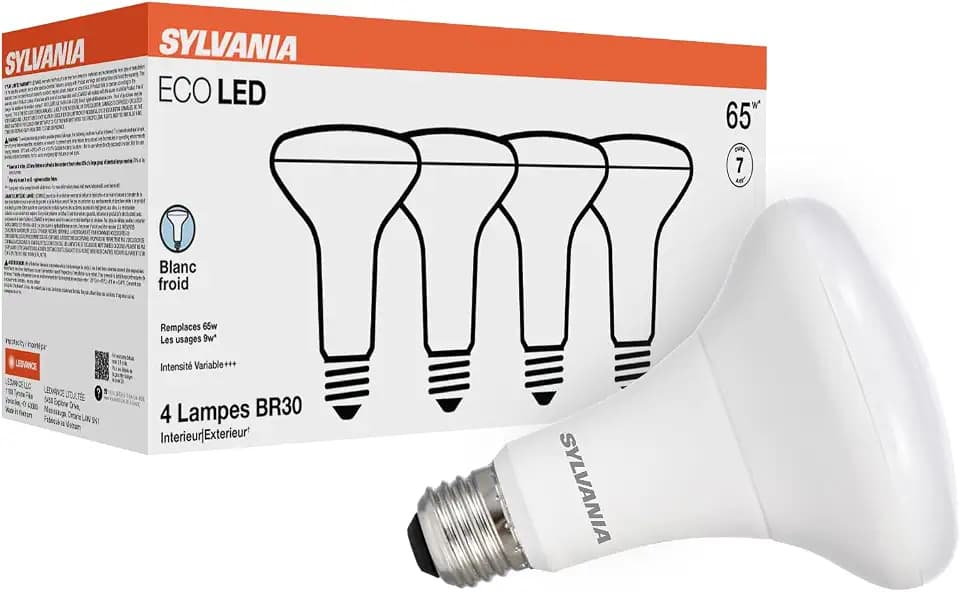 Sylvania ECO LED BR30 Light Bulb, 65W = 9W, Dimmable, Frosted Finish, 650 Lumens, 4000K, Cool White - 4 Pack (41102)
