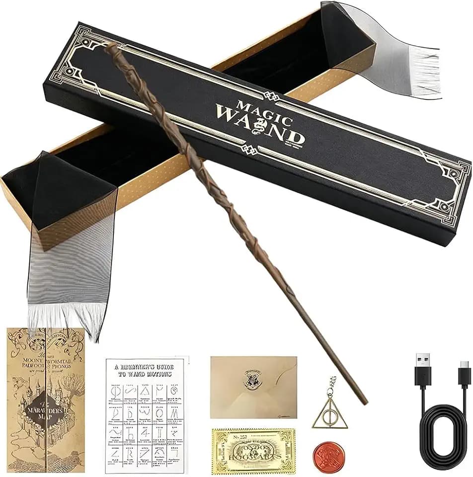Elderstab Zauberstab Glühen 38 cm, Her-mine-Zauberstab mit Licht, USB Aufladung Zauberstabs Her-mine in Geschenkbox,Kinder Zauberstabs mit Bahnhofskarten, Halsketten, Spruchkarten, Siegel, Karte