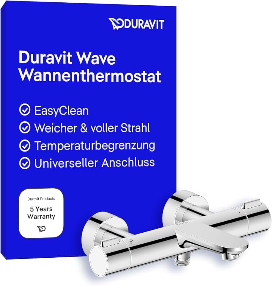 Duravit Wave Wannenarmatur Aufputz für 2 Verbraucher mit Umstellventil, Wannenthermostat mit Keramikmischsystem, Chrom