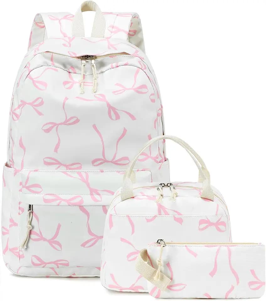 Bluboon Teen Girls School Backpack Kids Bookbag Set with Lunch Box Pencil Case Travel Laptop Backpack Casual Daypacks (Pink bow beige background)