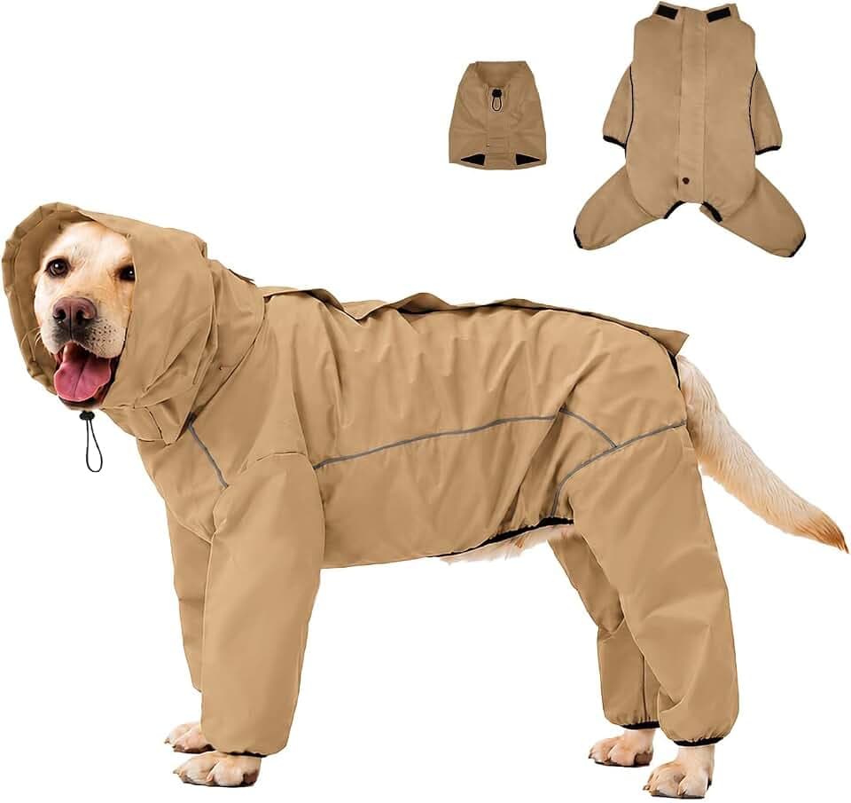 ADINIKIA Dog Raincoat,Waterproof Rain Jacket with Removable Hood,Khaki L