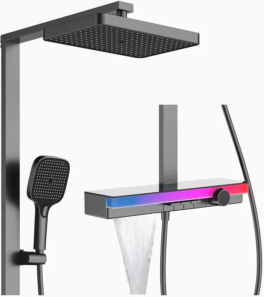 Duschsystem LED Sensor Farblicht Duschet Regendusche Set LED Temperaturanzeige Duscharmatur Komplettset 3 Funktional Duschgarnitur mit Regendusche, Handbrause, Wasserfall Wannenauslauf