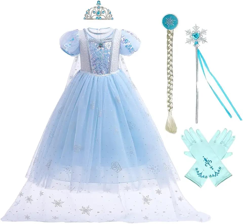 MYRISAM Girls Princess Costume Fancy Dress Halloween Cosplay Party Christmas Birthday Gown w/Accessories Blue 6-7T
