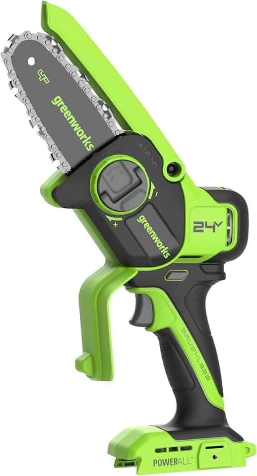 Greenworks 24V 10cm Mini Akku Kettensäge, Bürstenloser Motor mit Automatischem Ölsystem, Schnittgeschwindigkeit 7,8 m/s, Elektrokettensäge für Baumzweige, Nur das Werkzeug