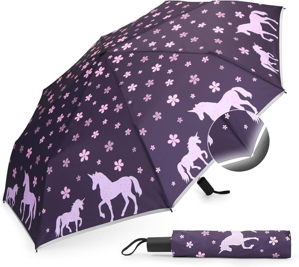 Regenschirm Kinder reflektierend, Taschenschirm mit Reflektorband, Regenschirm kinder für schulranzen, für Mädchen & Jungen