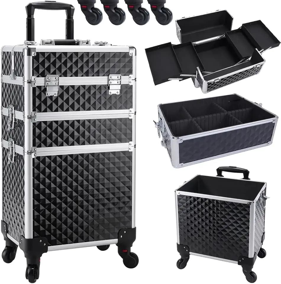 BAKAJI 3-in-1 Professioneller Kosmetikkoffer mit Oleographie-Muster in Dreiecksform, tragbar, Kosmetikkoffer mit abnehmbaren Rädern, Reise-Organizer