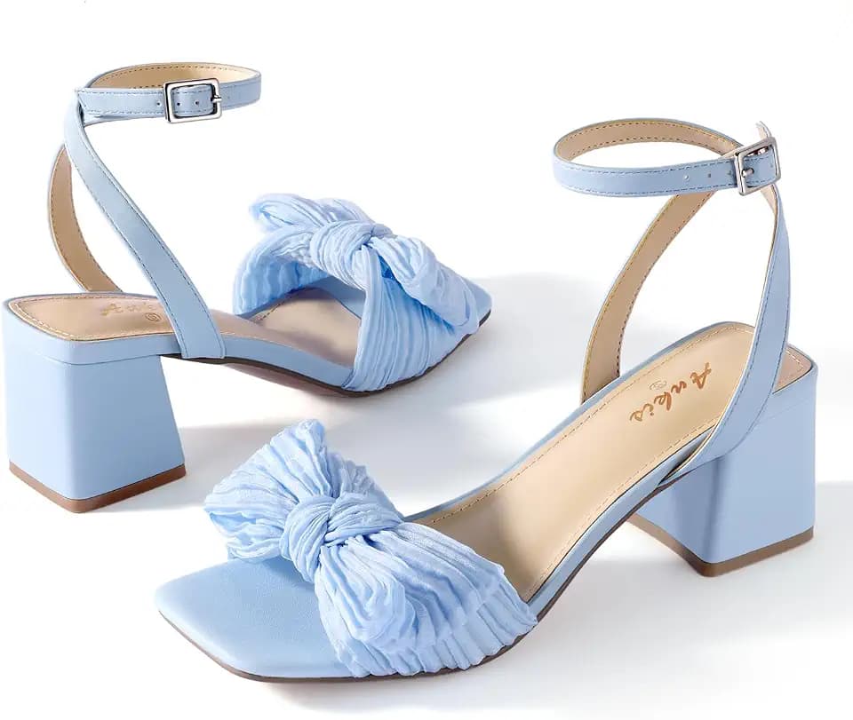 Ankis Women White Blue Gold Bow Square Open Toe Chunky Heel Wedding Sandals