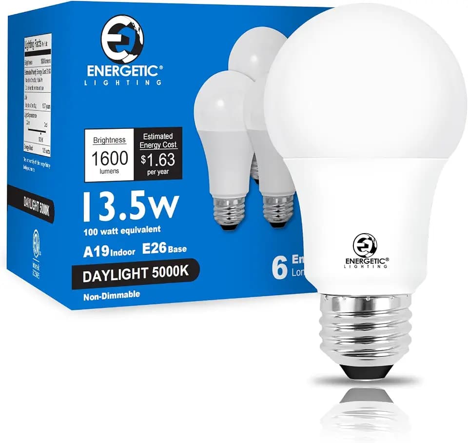 E ENERGETIC LIGHTING LED Bulbs 100 Watt Equivalent, Super Brightness 1600LM, Daylight 5000K, Non-Dimmable A19 LED Bulb, E26 Standard Base, ETL Listed, 6 Packs