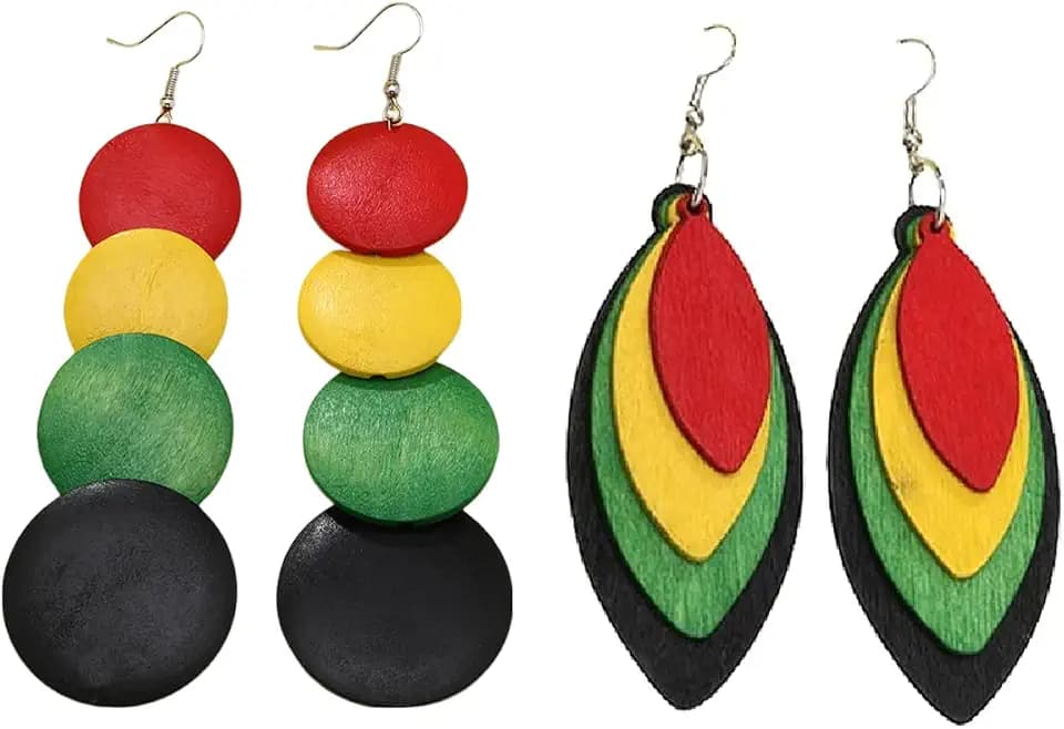 African Natural Wood Earrings Retro Bohemian Multilayer Round Geometric Dangling Eardrop Colorful Lightweight Wooden Map Leaf Triangle Drop Earring Ethnic Style Jewelry for Women