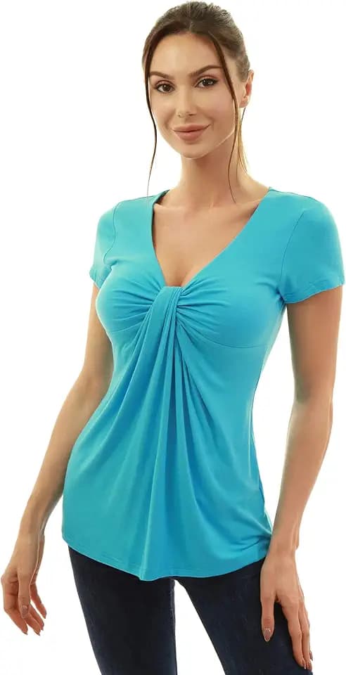 AmélieBoutik Women V Neck Twist Knot Front Casual T-Shirt Short Sleeve Blouse