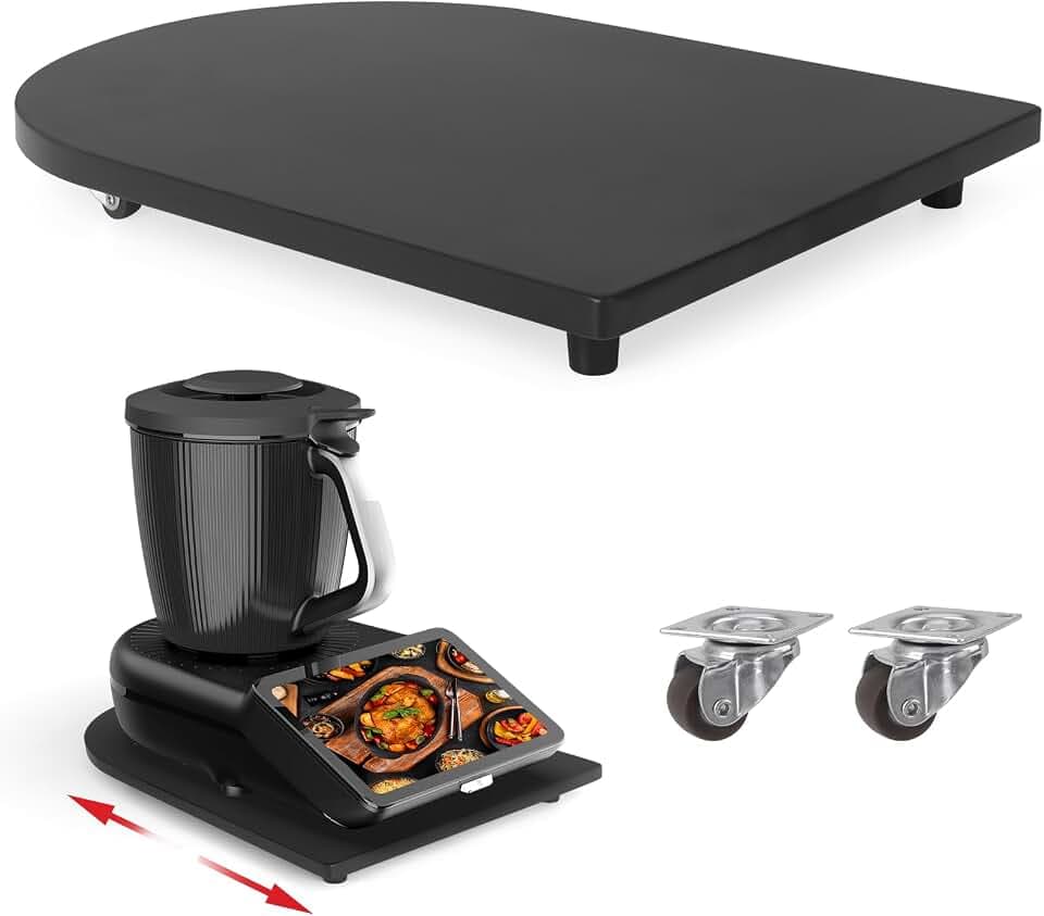 Bambus Gleitbrett für Thermomix TM7 mit 360° Rollen, Müheloses Verschieben des TM7 Hochwertiger Rollbrett Zubehör mit Rutschfest Gummifüße, Sicheren Stand Schwarz