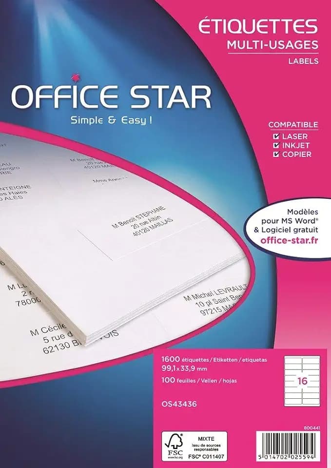 Office Star Bôite 1600 Etiketten vielseitig einsetzbar, 99,1 x 33,9 mm, weiß
