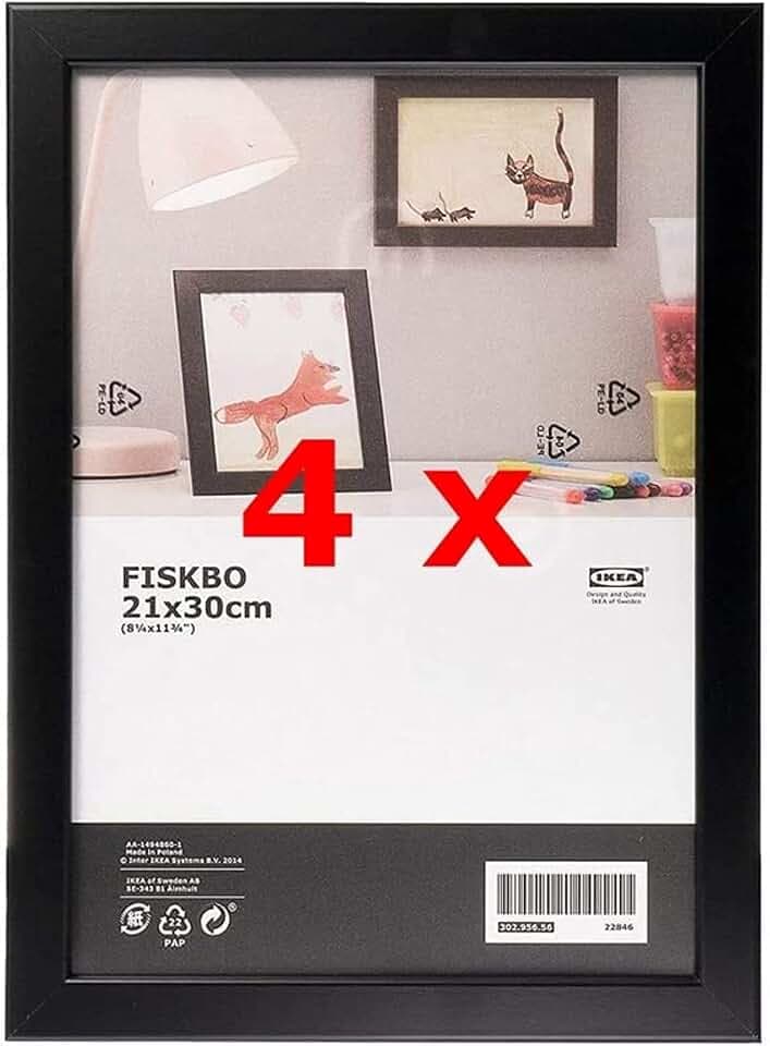 Ikea Fiskbo Bilderrahmen, A4, 21 x 30 cm, schwarz, 4 Stück, Pappe, Faserplatte, Folie, Polystyrol-Kunststoff, Acrylfarbe, Schwarz , 21x30cm