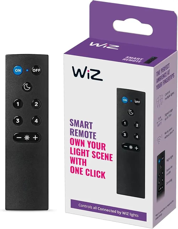 WiZmote Fernbedienung (inkl. Batterien), smarter Lichtschalter zur Lichtsteuerung aller WiZ Lampen und Leuchten im gesamten Haus, schwarz