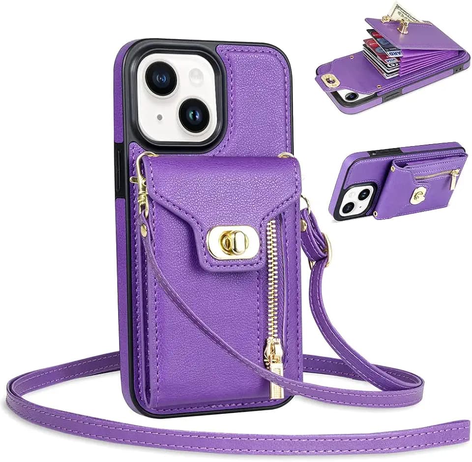 for iPhone 15 Wallet Case with Card Holder, Crossbody Protective Leather Handbag Purse Case Phone Cover with Credit Card Slot Zipper Kickstand Shoulder Strap for iPhone 15 6.1inch, Purple