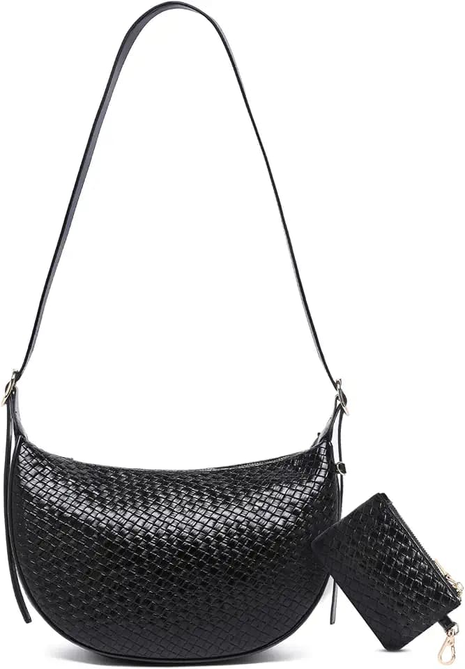 Purses for Women Woven Crescent Shoulder Bag 2PC Vegan Leather Hobo Crossbody Handbag with Small Matching Bag