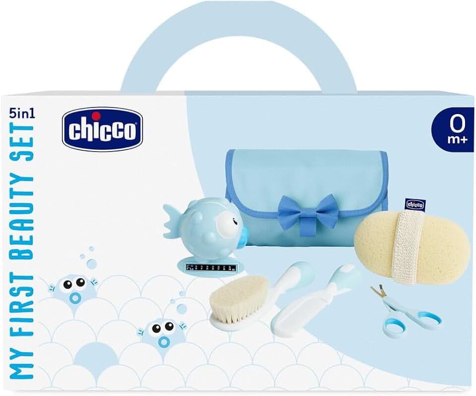 Chicco Baby-Badeset, Geschenkidee, Geschenkidee zur Geburt, mit Kamm, weicher Bürste, Thermometer, Waschlappen aus Frottee und einer Schere, Babyhygiene, Badeartikel, Hellblau